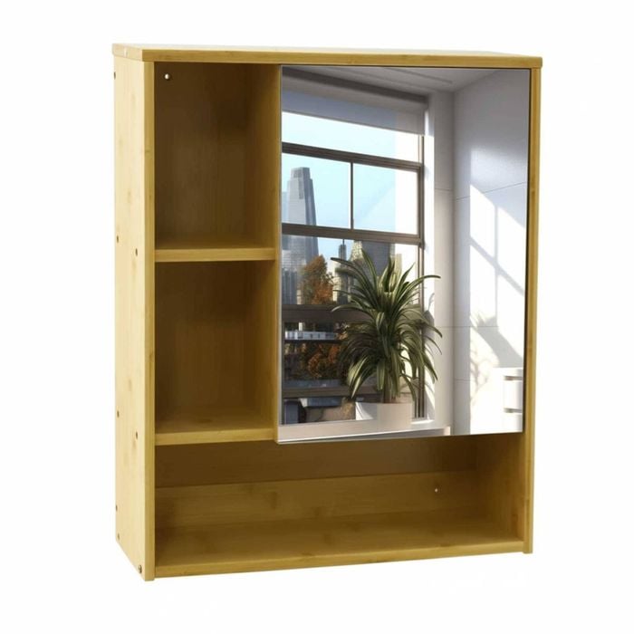P&P Natural Bamboo Bathroom Mirror Cabinet with Soft Close Door and Adjustable Shelves