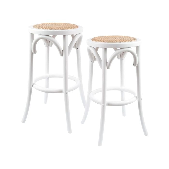 Aster 2pc Round Bar Stools Dining Stool Chair Solid Birch Wood Rattan Seat White