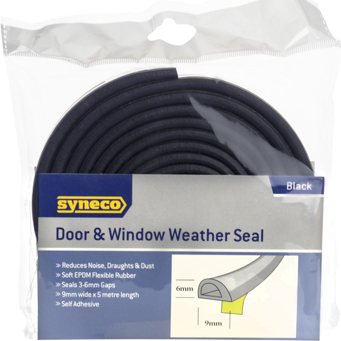 Syneco 6 x 9mm x 5m Black Self-Adhesive Door Window Weather Seal