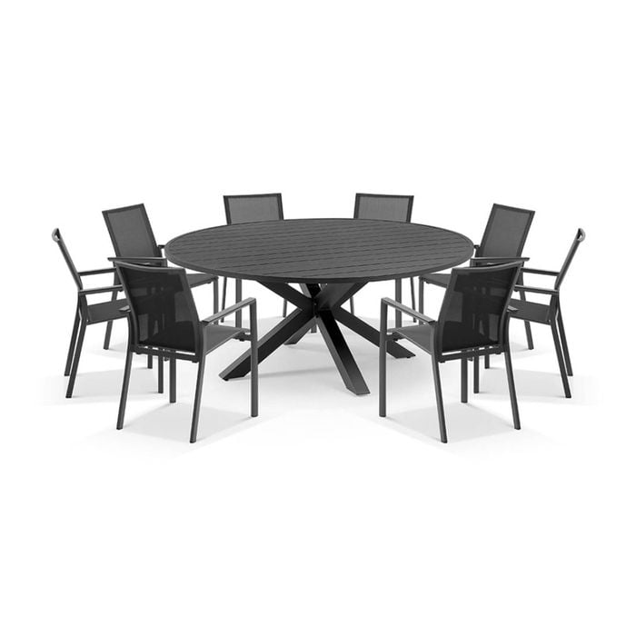Houston Outdoor 1.8m Round Aluminium Table With 8 Patonga Dining Chairs Charcoal