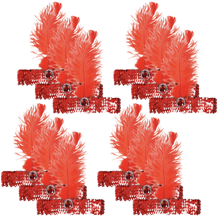 12x 1920s FLAPPER HEADBAND Headpiece Feather Sequin Charleston Gatsby Party BULK Red