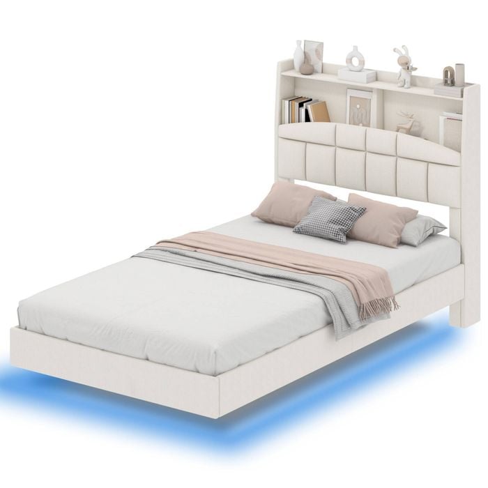 Advwin King Single Floating Bed Frame with LED Lights and Charging Station, Velvet Upholstered Storage Headboard Beige