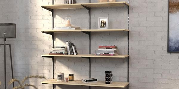 Single slot shelf on wall.