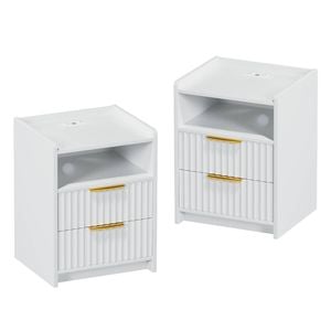 Advwin 2xbedside Table With Charging Station, Wave Fluted Wood Nightstand With 2 Storage Drawers White