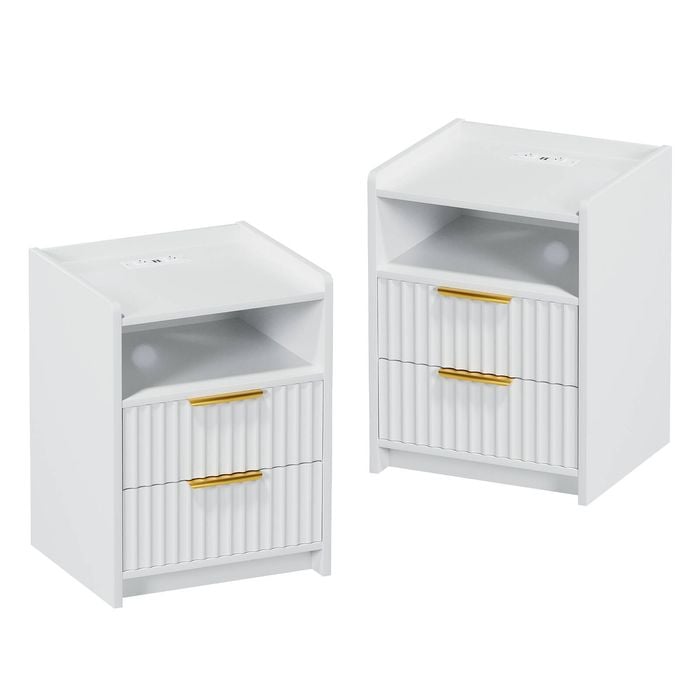 Advwin 2xbedside Table With Charging Station, Wave Fluted Wood Nightstand With 2 Storage Drawers White