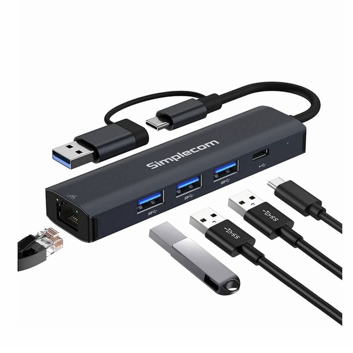 Simplecom Chn436 Usb-c And Usb-a To 4-port Usb Hub With Gigabit Ethernet Adapter