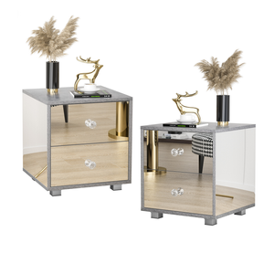 Advwin Bedside Table Set of 2 Mirrored Nightstand 2 Drawers Bedroom Storage Cabinet