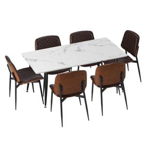 Oikiture 7PCS  Dining Set 120cm Rectangle Dining Table with Dining Chairs PU Walnut