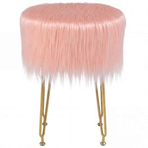 Costway Ottoman Faux Fur Vanity Stool Padded Seat Pink