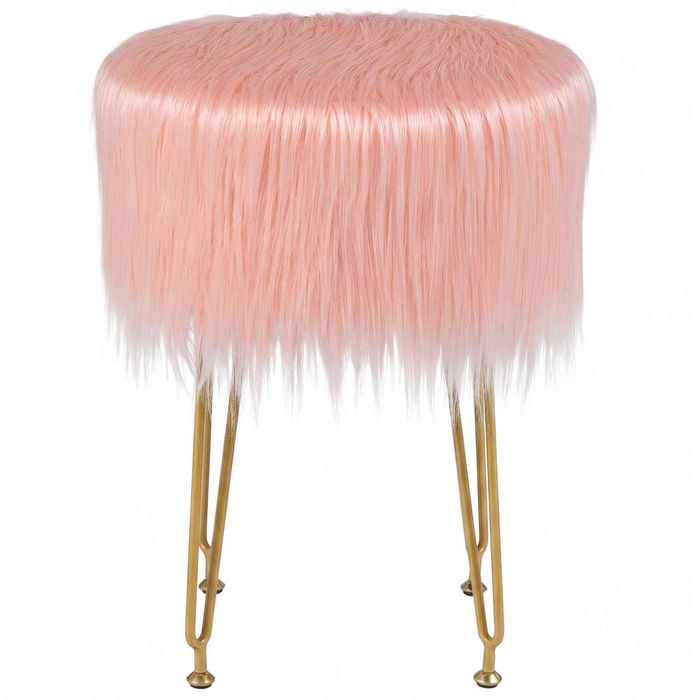 Costway Ottoman Faux Fur Vanity Stool Padded Seat Pink