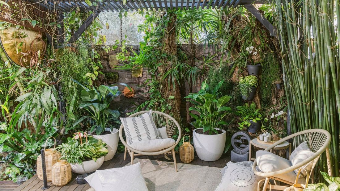 Lots of various plants, pots and outdoor setting in a covered area.