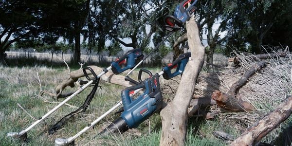 Outdoor power garden tool against a fallen down tree.