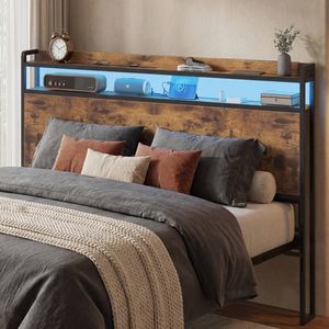 Advwin Queen Size Storage Headboard with LED Light Charging Station Height Adjustable Rustic Brown