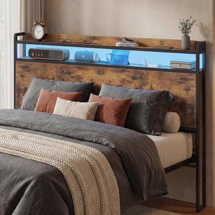Advwin Queen Size Storage Headboard with LED Light Charging Station Height Adjustable Rustic Brown