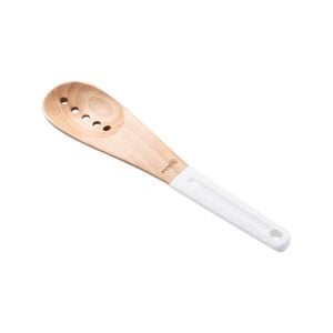 Gourmet Kitchen Rustic Beech Wood Slotted Spoon with Silicone Grip White 30x6.5x1.5cm