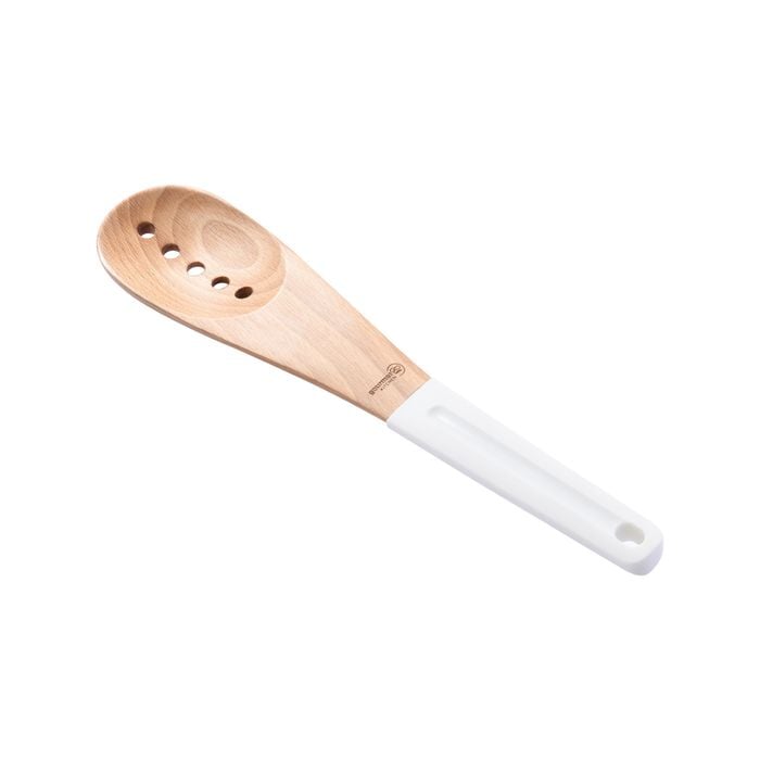Gourmet Kitchen Rustic Beech Wood Slotted Spoon with Silicone Grip White 30x6.5x1.5cm