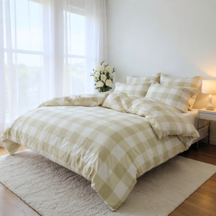Super King Quilt Cover Set - Premium Double Brushed Microfibre (Beige  Grid)