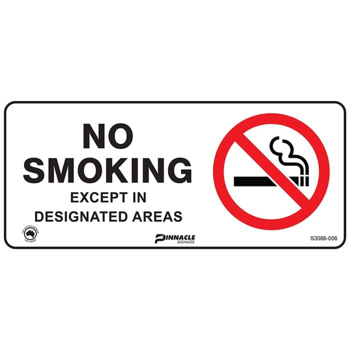 Pinnacle 450 x 200mm Metal No Smoking Except Designated Area Sign