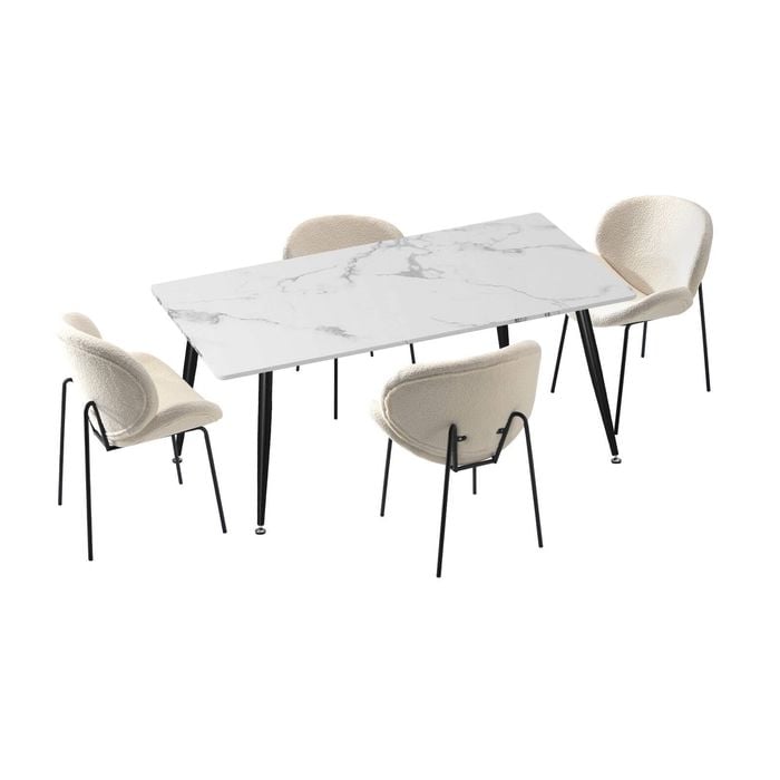 Oikiture 5PCS  Dining Set 120cm Rectangle Dining Table with Dining Chairs Sherpa White