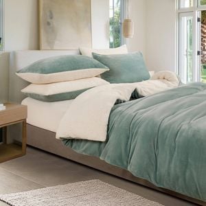 Gioia Casa Microfiber 2 in 1 Teddy Sherpa Quilt Cover Set & Blanket with Matching Pillowcases - Sage Green - King Size