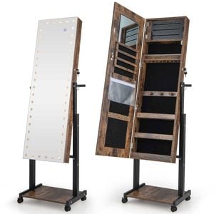 Costway Lockable Jewelry Armoire Cabinet W/3 Color Led Brown