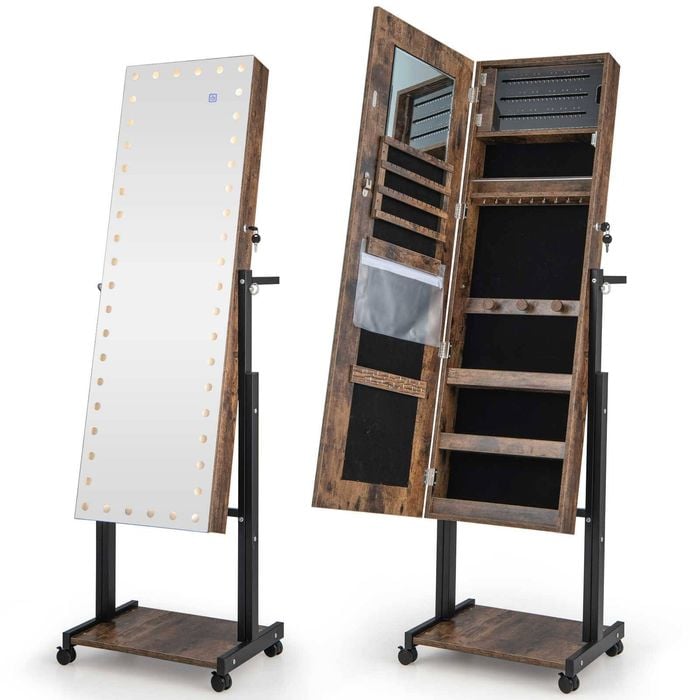 Costway Lockable Jewelry Armoire Cabinet W/3 Color Led Brown