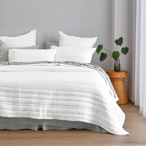 Dreamaker Superfine Washed Microfibre Stripe Quilted Coverlet Set White Queen/King Bed