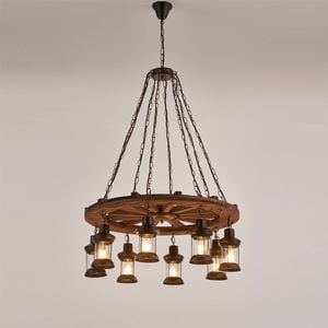 LumenSphere Gamboa 8-Light Retro Wood Pendant - Black Finish, Natural Wood Accents, E27 Base