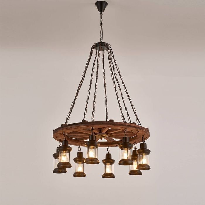 LumenSphere Gamboa 8-Light Retro Wood Pendant - Black Finish, Natural Wood Accents, E27 Base