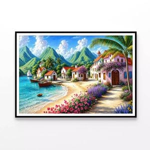 Beach with Mountains, Houses  Print 100% Australian Made 90x60cm  (Poster)