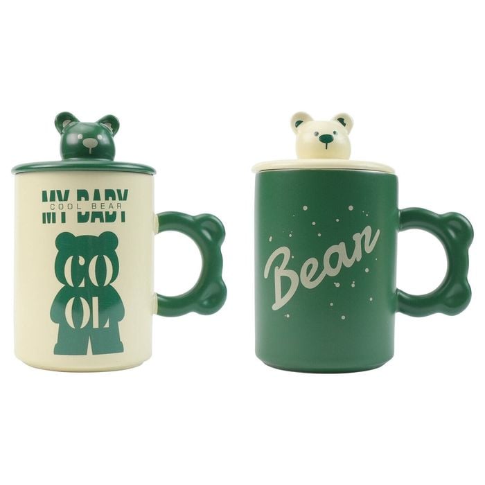 2 Set 400ml Green High-Fired Ceramic Porcelain Mug Set with Lid Bear Tea Spoon