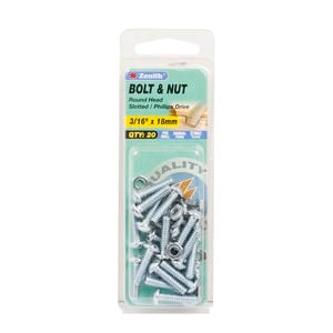 Zenith 3/16"x18mm Zinc Plated Round Head Bolt And Nut - 20 Pack
