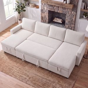 Advwin 253cm 4 Seater Sofa Bed w/ Storage Chaise U Shape Corduroy Pull Out Couch Bed Convertible Sleeper Chaise Beige