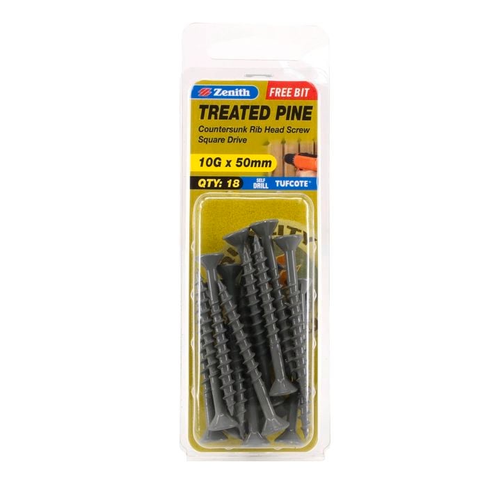 Zenith 10G x 50mm Tufcote® Countersunk Rib Head Treated Pine Screws - 18 Pack