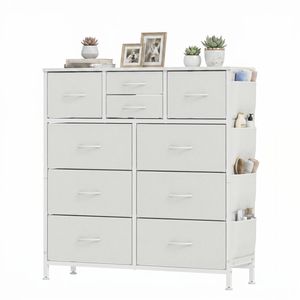 Advwin Chest of Drawers Fabric with 10 Drawers and Side Pockets White
