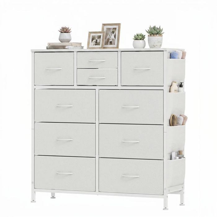Advwin Chest of Drawers Fabric with 10 Drawers and Side Pockets White