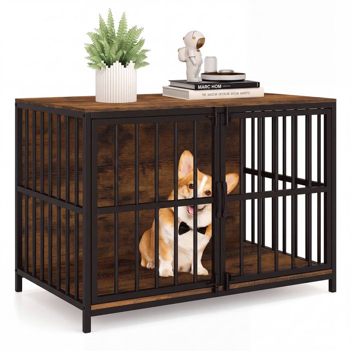 Costway 100cm Dog Kennel Heavy-duty Dog Cage Crate Brown