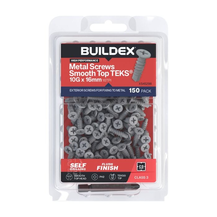 Buildex 10G x 16mm Class 3 Galvanised Smooth Top TEKS® Screws - 150 Pack