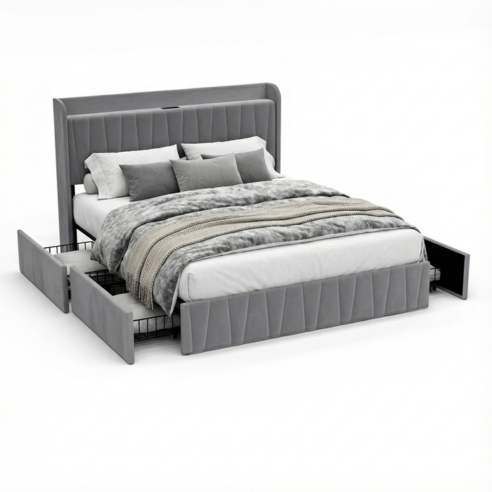 Advwin Bed Frame Queen Size With Upholstered Headboard 4 Storage Drawers Charging Station Grey