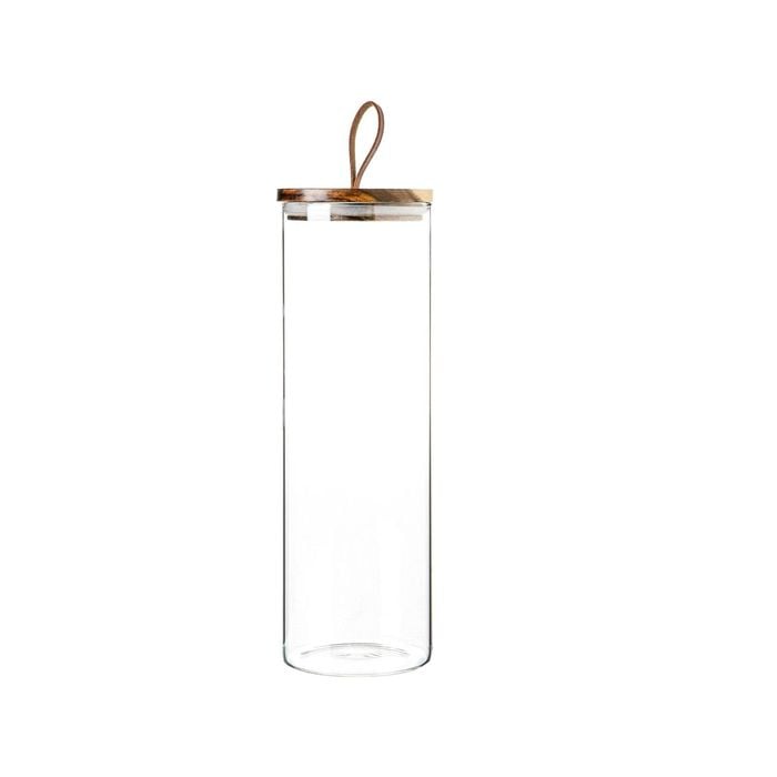 Argon Tableware Glass Storage Jar - Wood Lid - Leather Loop - 2 Litre - Modern Round Scandi Organisation Container Glass Jar