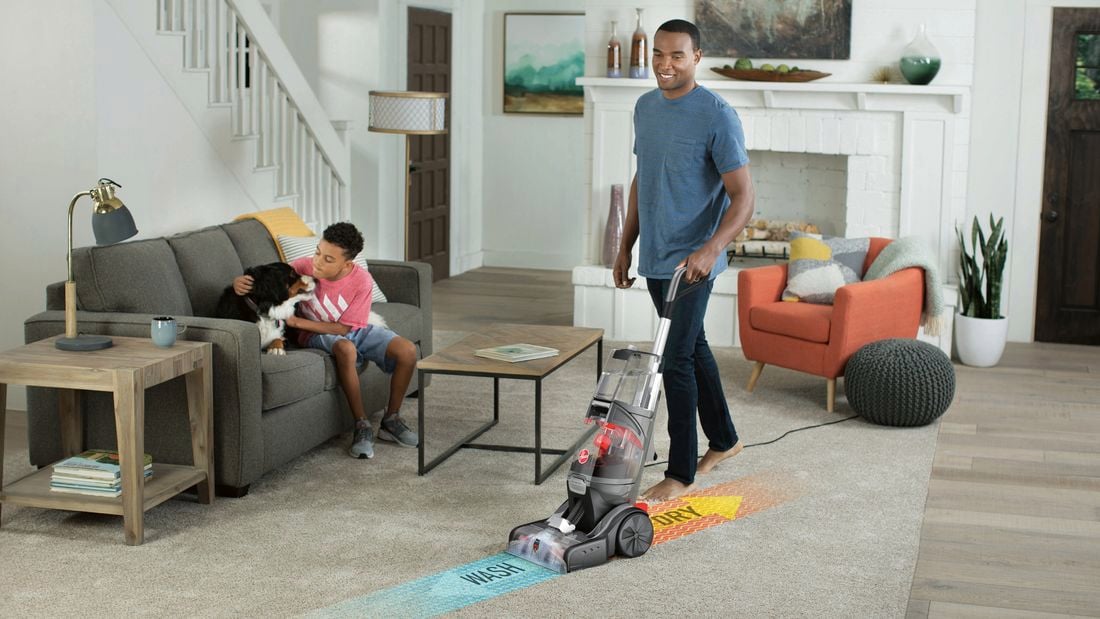Person uses cordless vacuum to vacuum rug