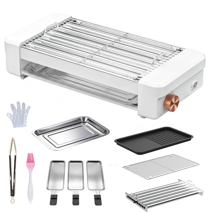 YOPOWER 4 in 1 Electric Grill with Hot Dog Roller Rack and 3 Trays, White