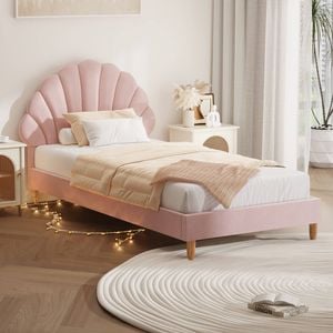 Oikiture Kids Bed Frame Single Size Scallop-Shape Bedhead Pink Velvet
