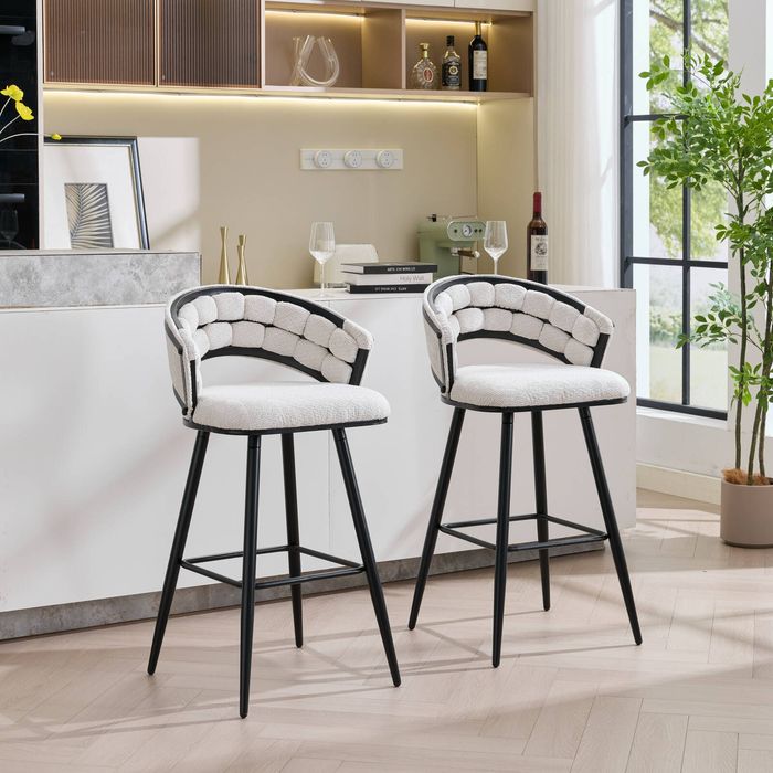 Homfurn Bar Stools Set Of 2, Velvet Bar Chair With Curved Open Back & Footrest, Modern Barstool For Kitchen Island (Beige)
