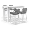 Santorini Outdoor 1.5m Bar Table White With 4 Hugo Aluminium And Rope Stools & Grey W/textured Olefin Cushions
