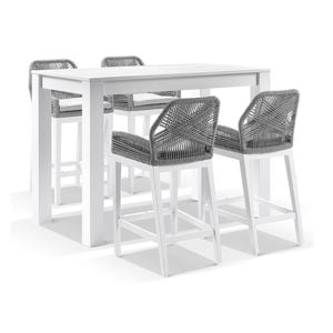 Santorini Outdoor 1.5m Bar Table White With 4 Hugo Aluminium And Rope Stools & Grey W/textured Olefin Cushions