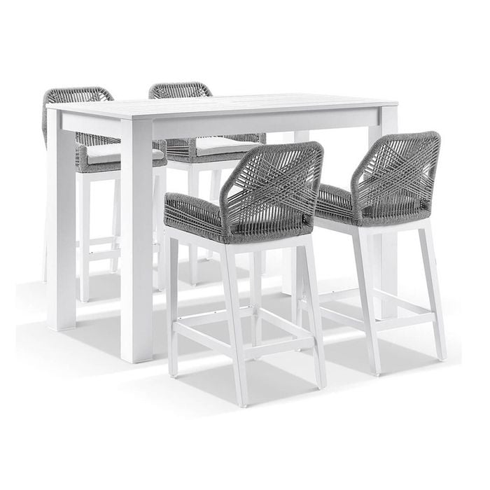 Santorini Outdoor 1.5m Bar Table White With 4 Hugo Aluminium And Rope Stools & Grey W/textured Olefin Cushions
