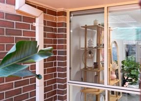 An image of a flyscreen has been installed on a window, with the interior showcasing shelves of decor and plants. ]    