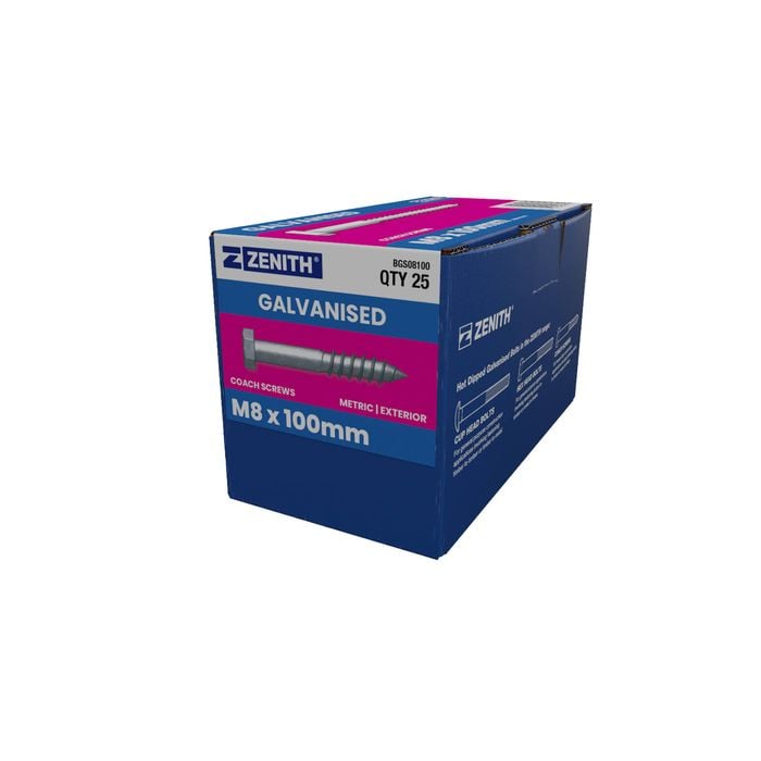 ZENITH M8 x 100mm Hot Dip Galvanised Hex Head Coach Screws - 25 Pack