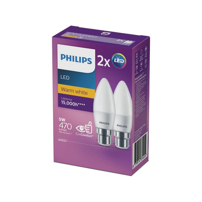 Philips P45 B22 LED 470Lm Warm White 5W Candle - 2 Pack